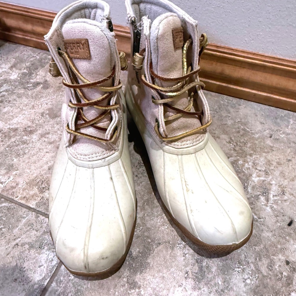 Sperry Women's Duck Boots Waterproof Cream Tan Lace Up Zip Size 7.5